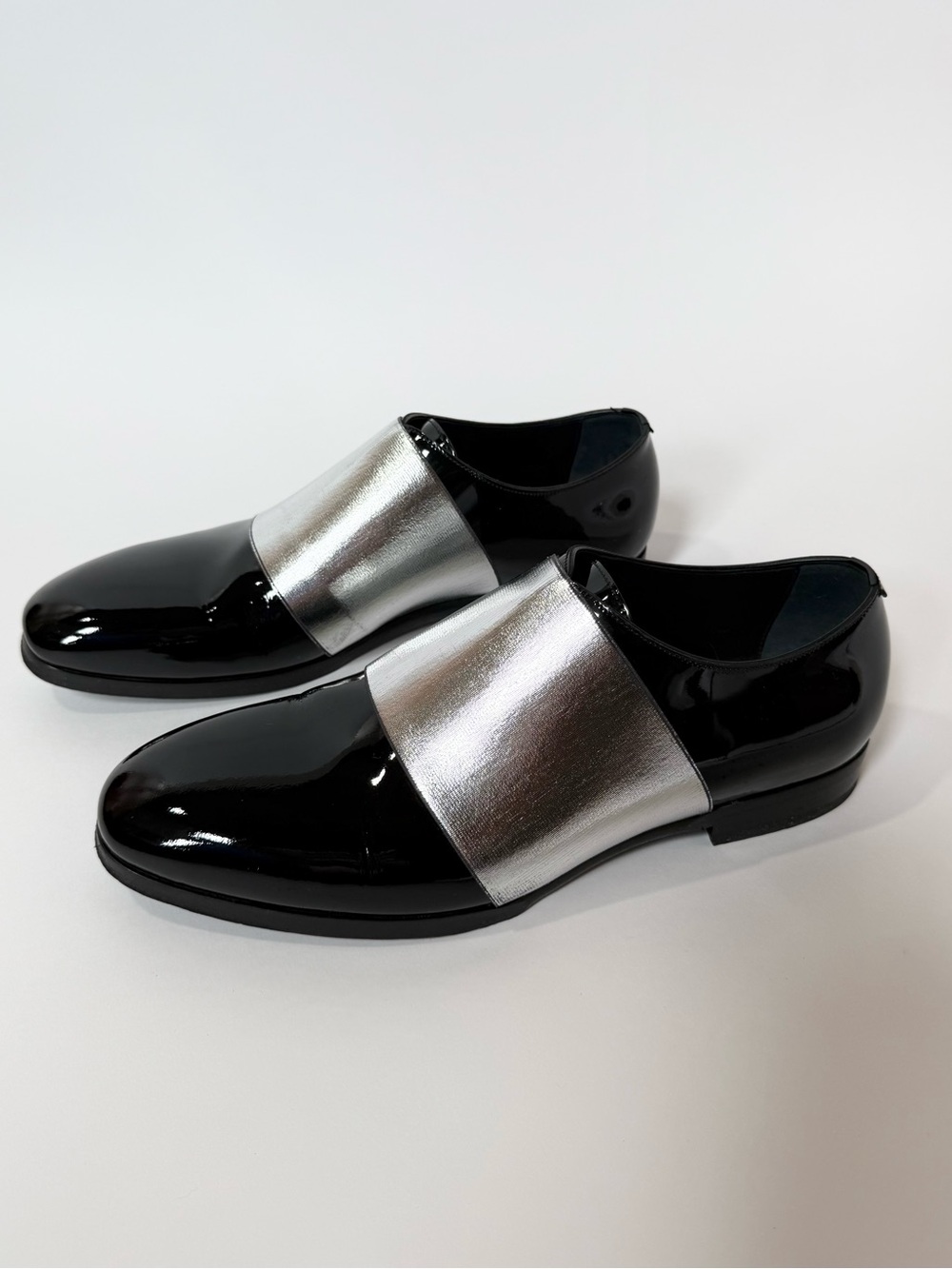 Jimmy Choo Black and Silver Patent Leather Slip-On Oxfords size 40
